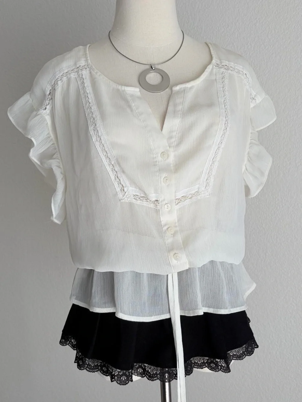 LOFT White Lace-Trim Button Front Peasant Blouse